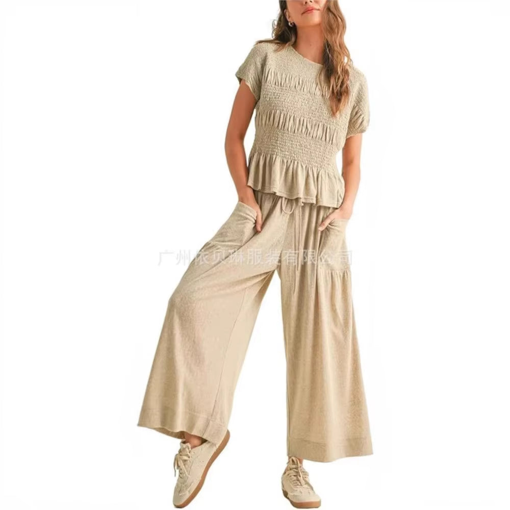 Women Fashion 2 Piece Set Short-Sleeved Tops Trousers with Tight Waist New Summer Casual Pocket Loose Halon Trousers Female Suit