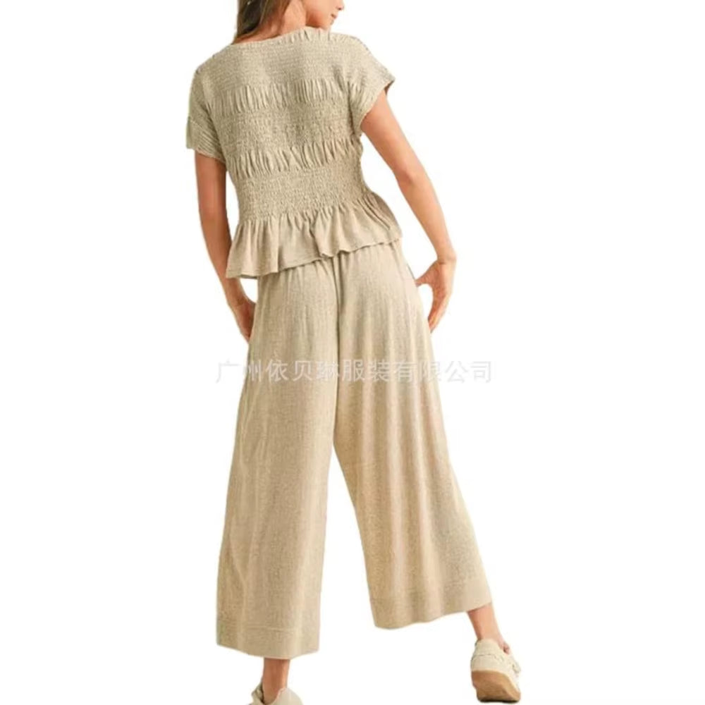 Women Fashion 2 Piece Set Short-Sleeved Tops Trousers with Tight Waist New Summer Casual Pocket Loose Halon Trousers Female Suit