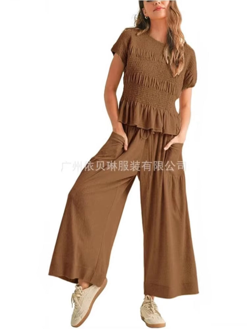 Women Fashion 2 Piece Set Short-Sleeved Tops Trousers with Tight Waist New Summer Casual Pocket Loose Halon Trousers Female Suit