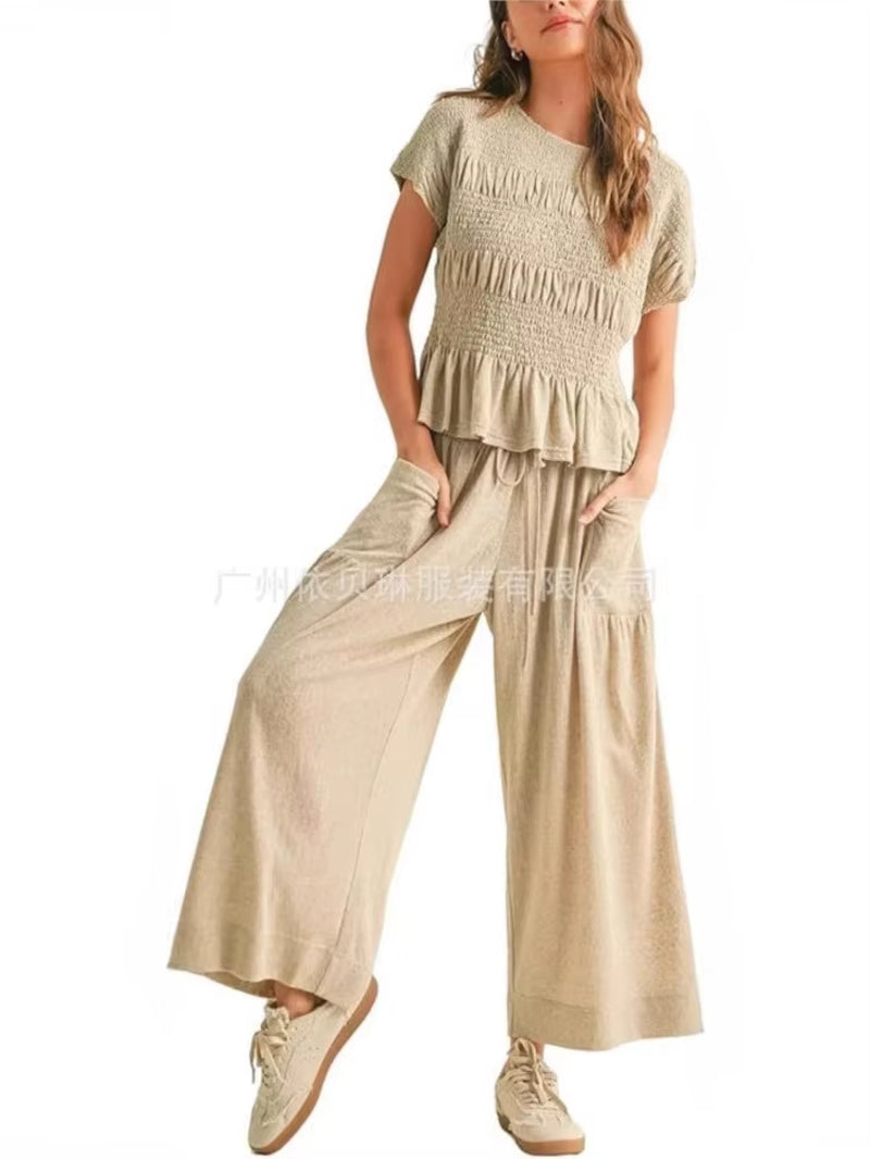 Women Fashion 2 Piece Set Short-Sleeved Tops Trousers with Tight Waist New Summer Casual Pocket Loose Halon Trousers Female Suit