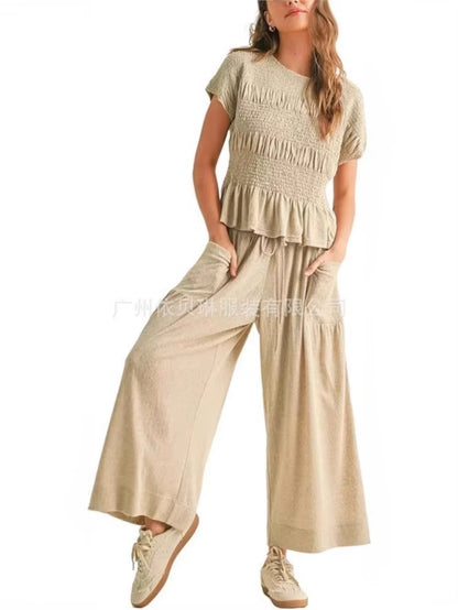 Women Fashion 2 Piece Set Short-Sleeved Tops Trousers with Tight Waist New Summer Casual Pocket Loose Halon Trousers Female Suit