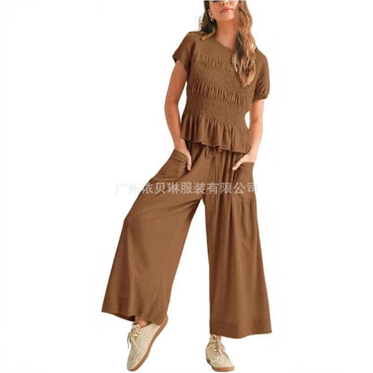 Women Fashion 2 Piece Set Short-Sleeved Tops Trousers with Tight Waist New Summer Casual Pocket Loose Halon Trousers Female Suit