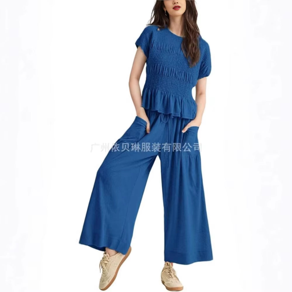 Women Fashion 2 Piece Set Short-Sleeved Tops Trousers with Tight Waist New Summer Casual Pocket Loose Halon Trousers Female Suit