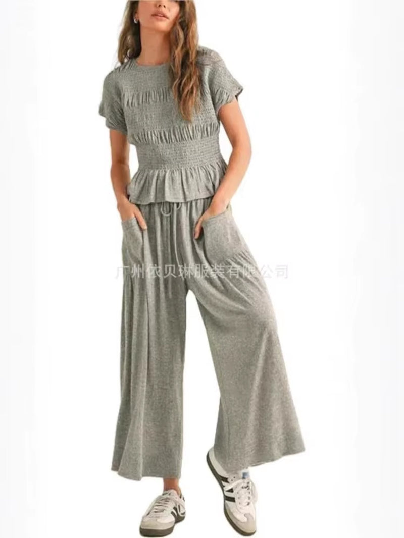 Women Fashion 2 Piece Set Short-Sleeved Tops Trousers with Tight Waist New Summer Casual Pocket Loose Halon Trousers Female Suit