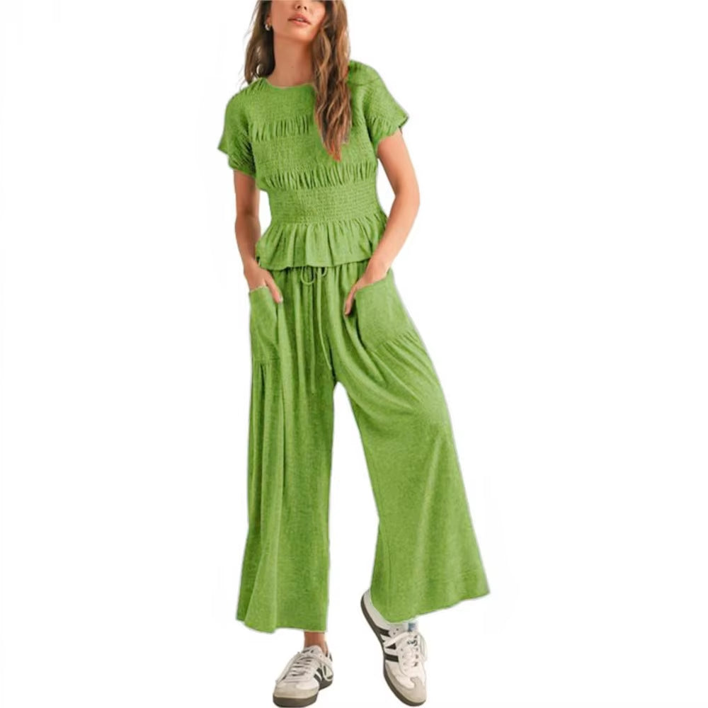 Women Fashion 2 Piece Set Short-Sleeved Tops Trousers with Tight Waist New Summer Casual Pocket Loose Halon Trousers Female Suit