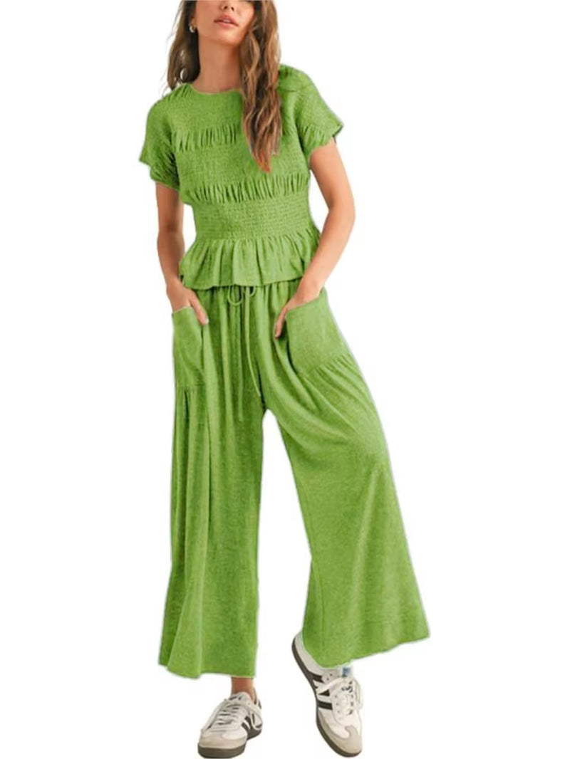 Women Fashion 2 Piece Set Short-Sleeved Tops Trousers with Tight Waist New Summer Casual Pocket Loose Halon Trousers Female Suit