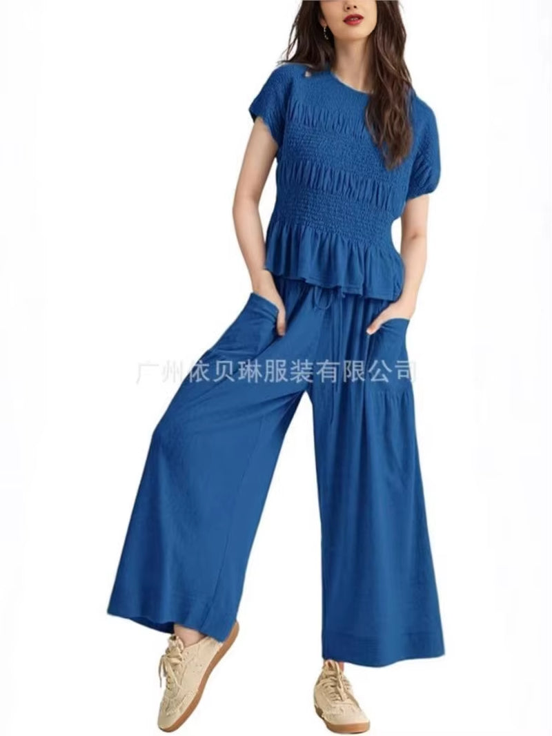 Women Fashion 2 Piece Set Short-Sleeved Tops Trousers with Tight Waist New Summer Casual Pocket Loose Halon Trousers Female Suit