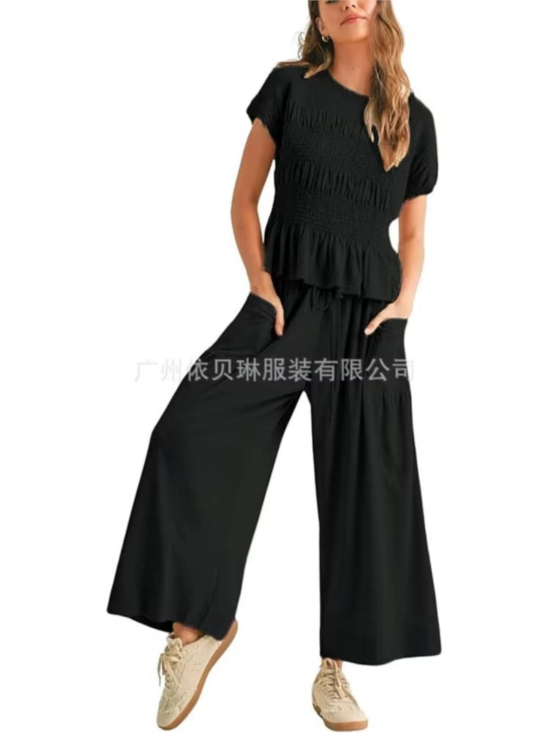Women Fashion 2 Piece Set Short-Sleeved Tops Trousers with Tight Waist New Summer Casual Pocket Loose Halon Trousers Female Suit