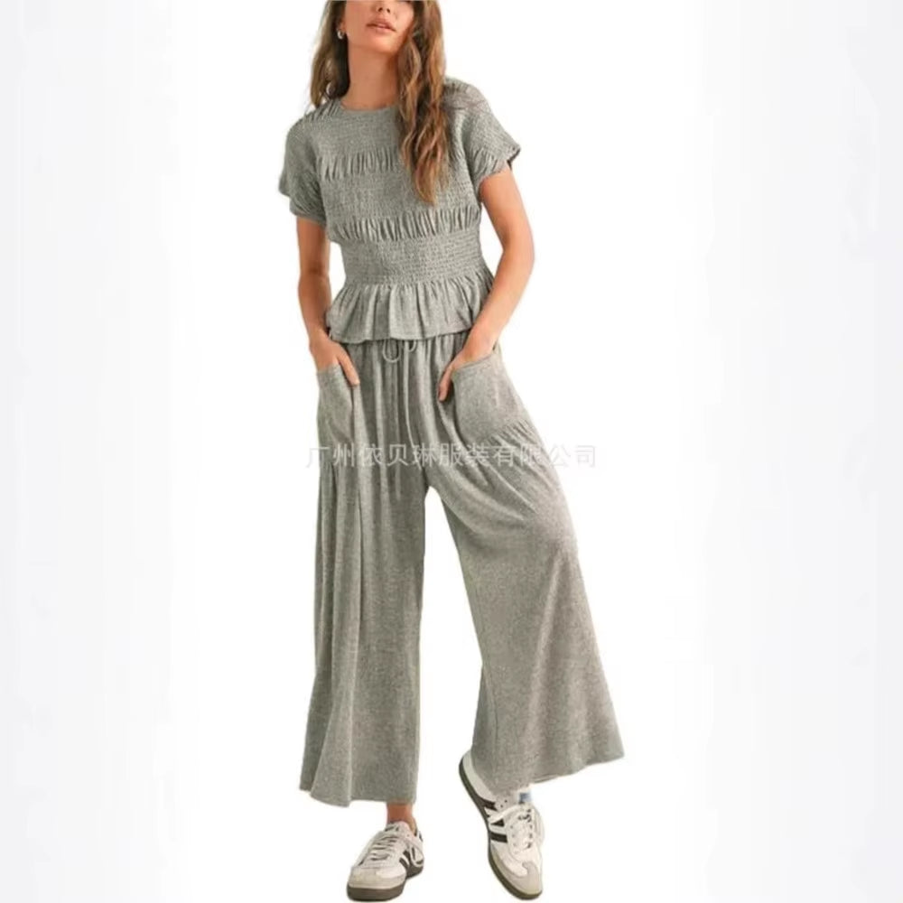 Women Fashion 2 Piece Set Short-Sleeved Tops Trousers with Tight Waist New Summer Casual Pocket Loose Halon Trousers Female Suit