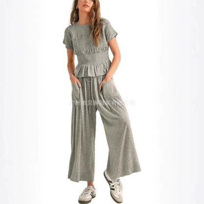 Women Fashion 2 Piece Set Short-Sleeved Tops Trousers with Tight Waist New Summer Casual Pocket Loose Halon Trousers Female Suit
